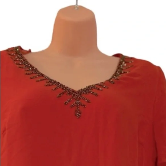 ASHRO Bead Trimmed Georgette Tangerine Orange Midi Skirt Set Wedding Guest Dress - Picture 9 of 16